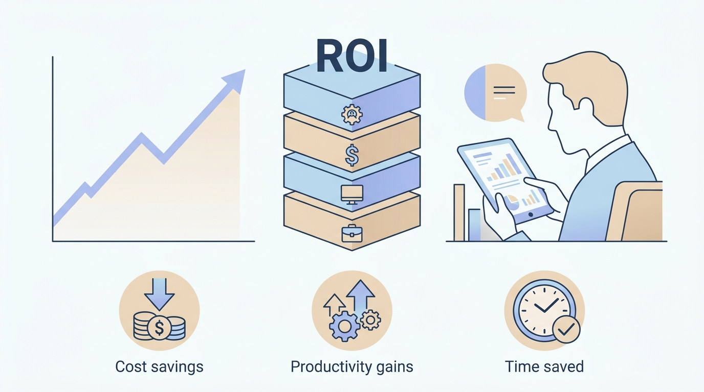 ROI chart by role showing upward trend lines, value blocks by department and savings symbols
