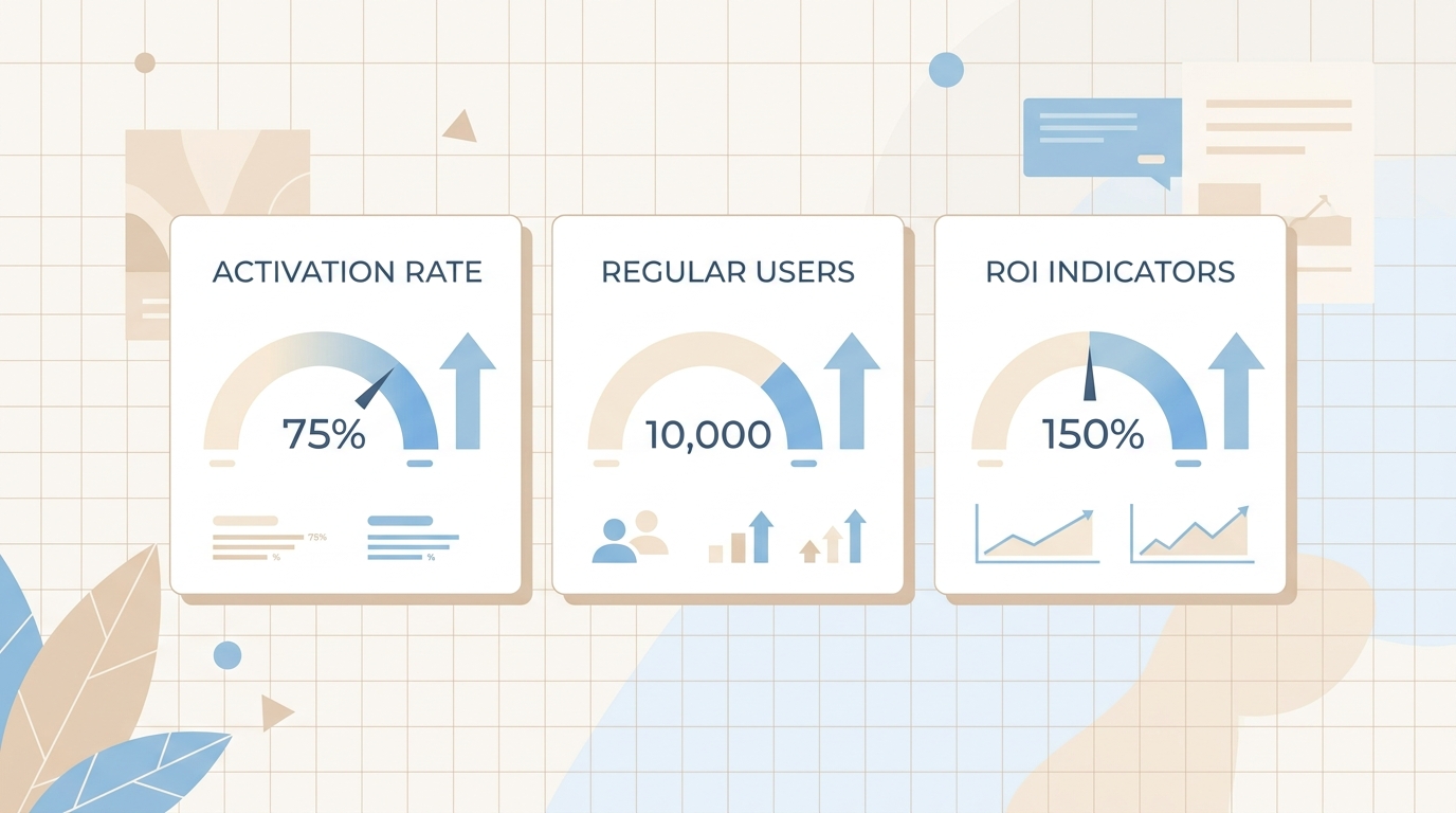 Control panel with Copilot adoption metrics: activation rates, regular users and ROI indicators