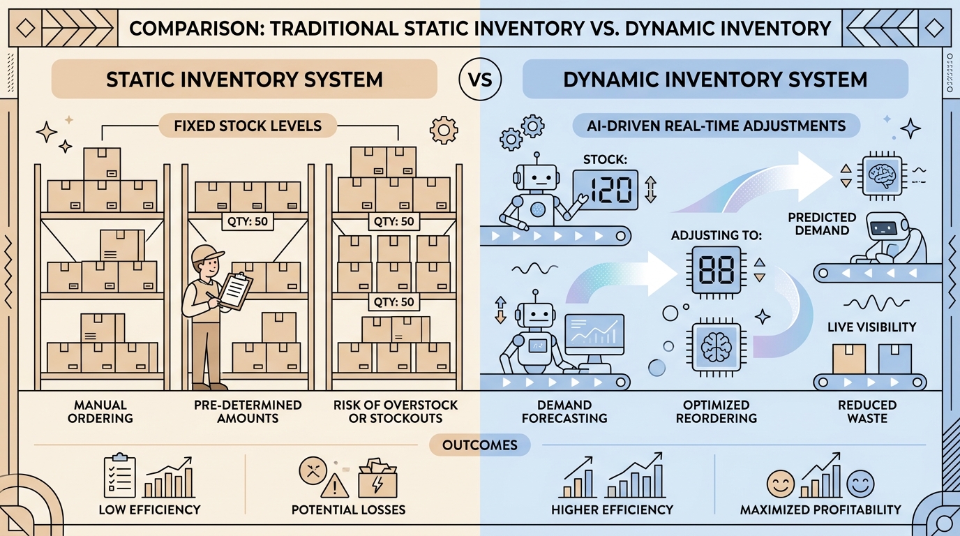 Comparación visual entre inventario estático tradicional y inventario dinámico optimizado por IA, con ajustes automáticos de