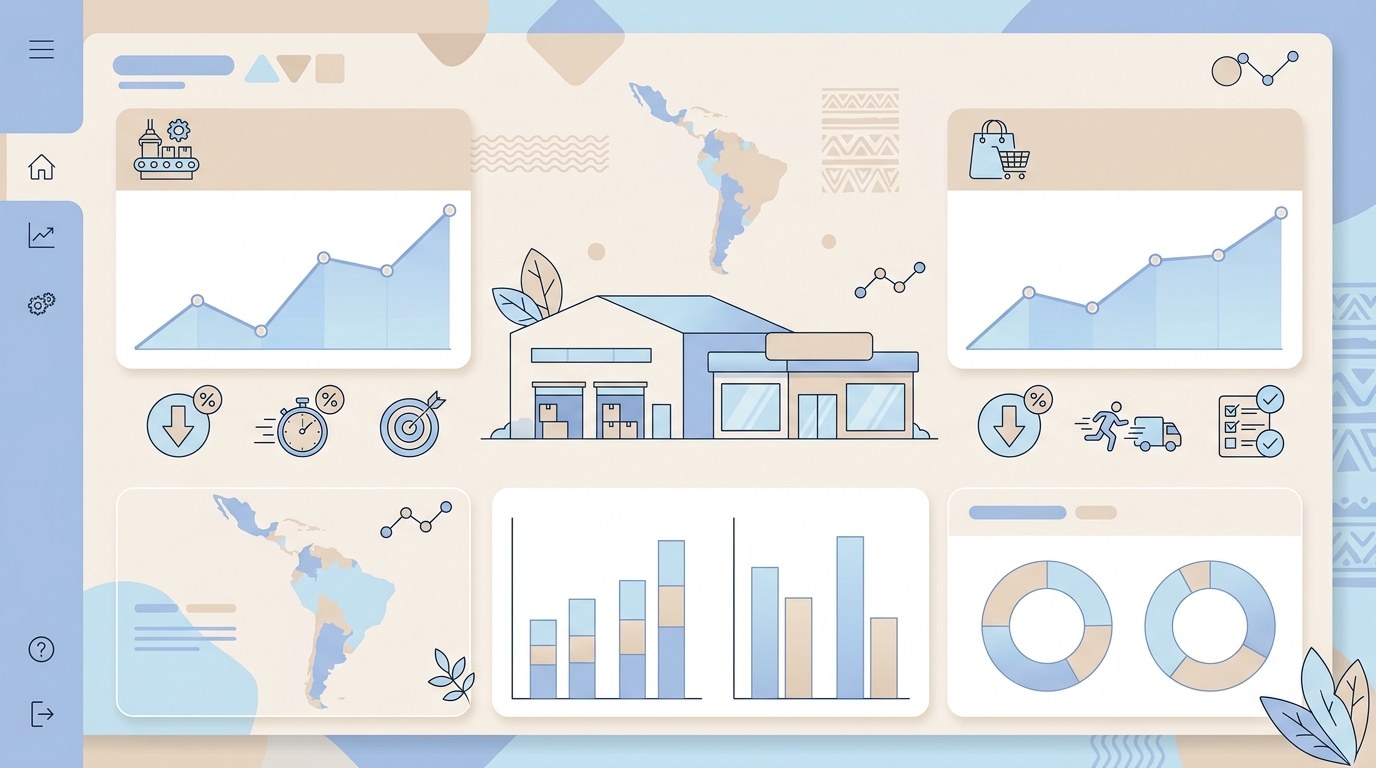 Dashboard de ROI para manufactura y retail en LATAM mostrando métricas de reducción de costos, velocidad y precisión