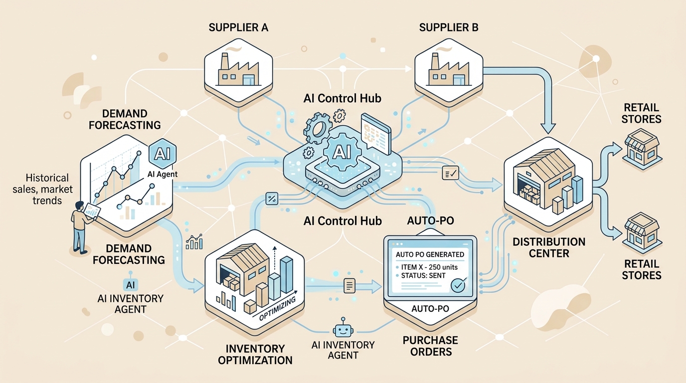 Red de supply chain con agentes IA automatizando pronóstico de demanda, optimización de inventario y compras autónomas