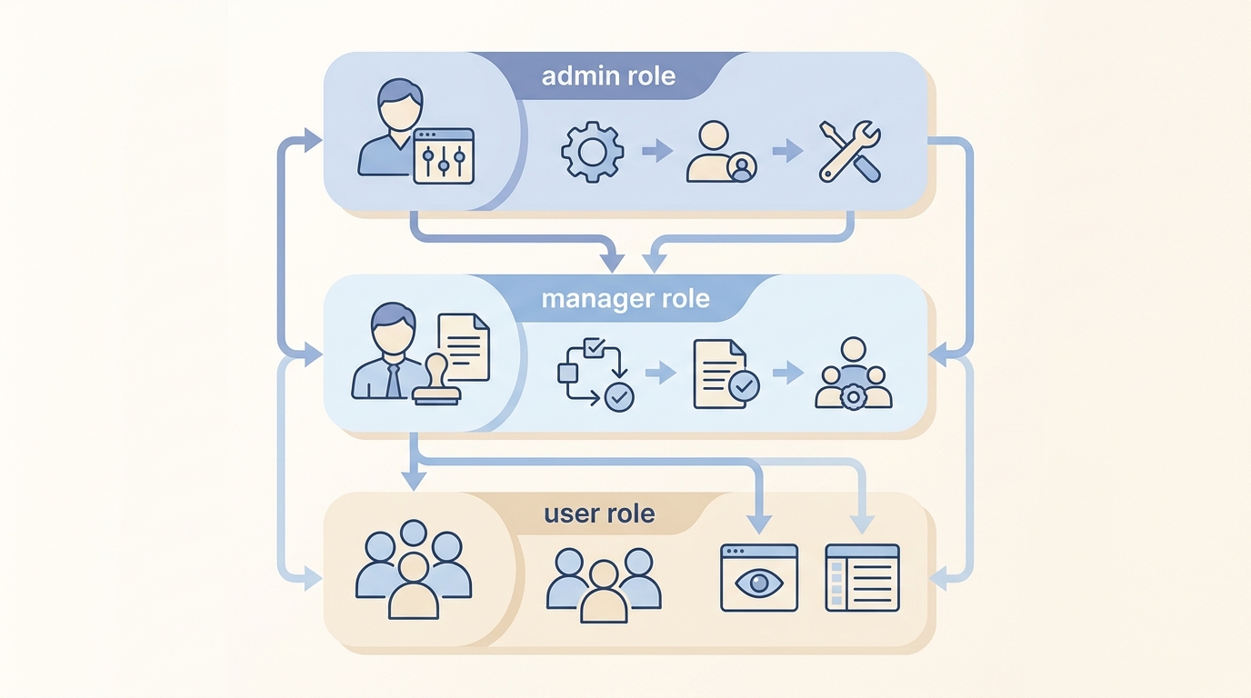 Estructura de governance de alertas Dynamics 365 con roles de administrador, gestor y usuario con permisos diferenciados.