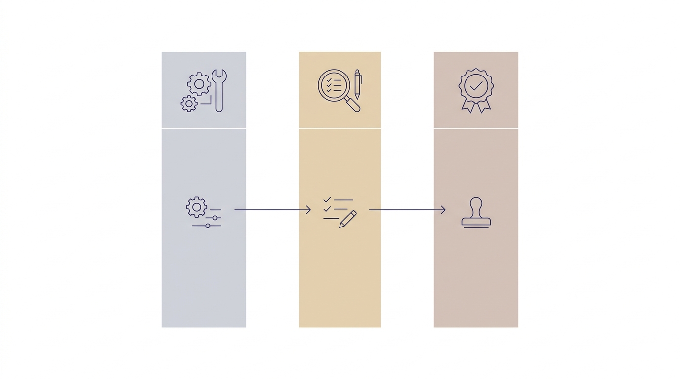 Three columns connected by indigo arrows representing configuration, review and approval roles in audit governance.