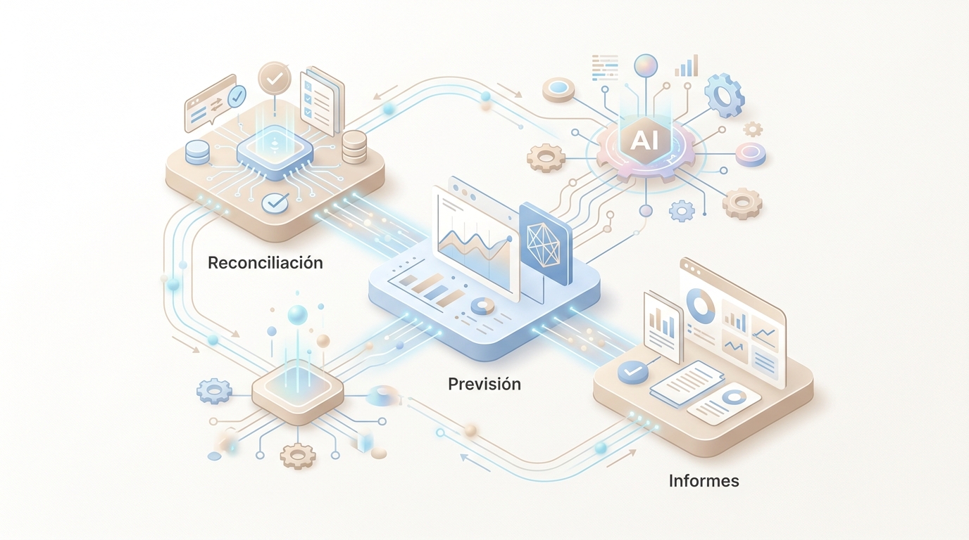 Agentes de IA autónomos orquestando automatización de procesos financieros con conciliaciones, previsiones y reportes