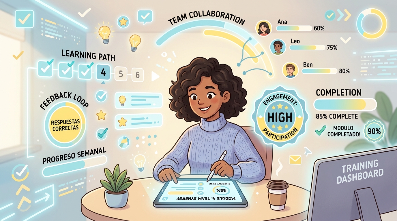 Persona completando capacitación en tablet con indicadores de engagement y progreso visual en metrics de adopción.