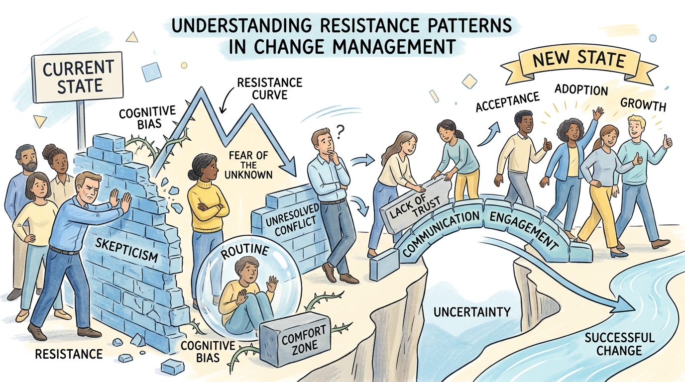 Diferentes miembros de equipo mostrando patrones de resistencia al cambio en implementación de ERP con barreras visuales.