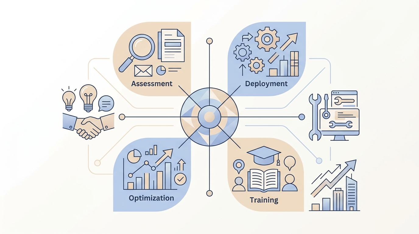 Estructura de soporte de KCP Dynamics en el despliegue de Copilot: asesoramiento, implementación técnica, capacitación y optimización post-lanzamiento