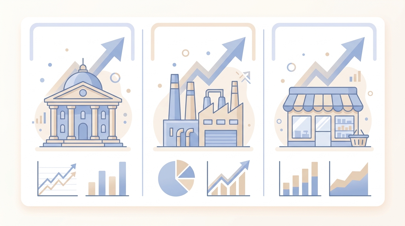 Three LATAM sectors (banking, manufacturing, retail) with growth arrows, illustrating the immediate impact of automated reports with AI