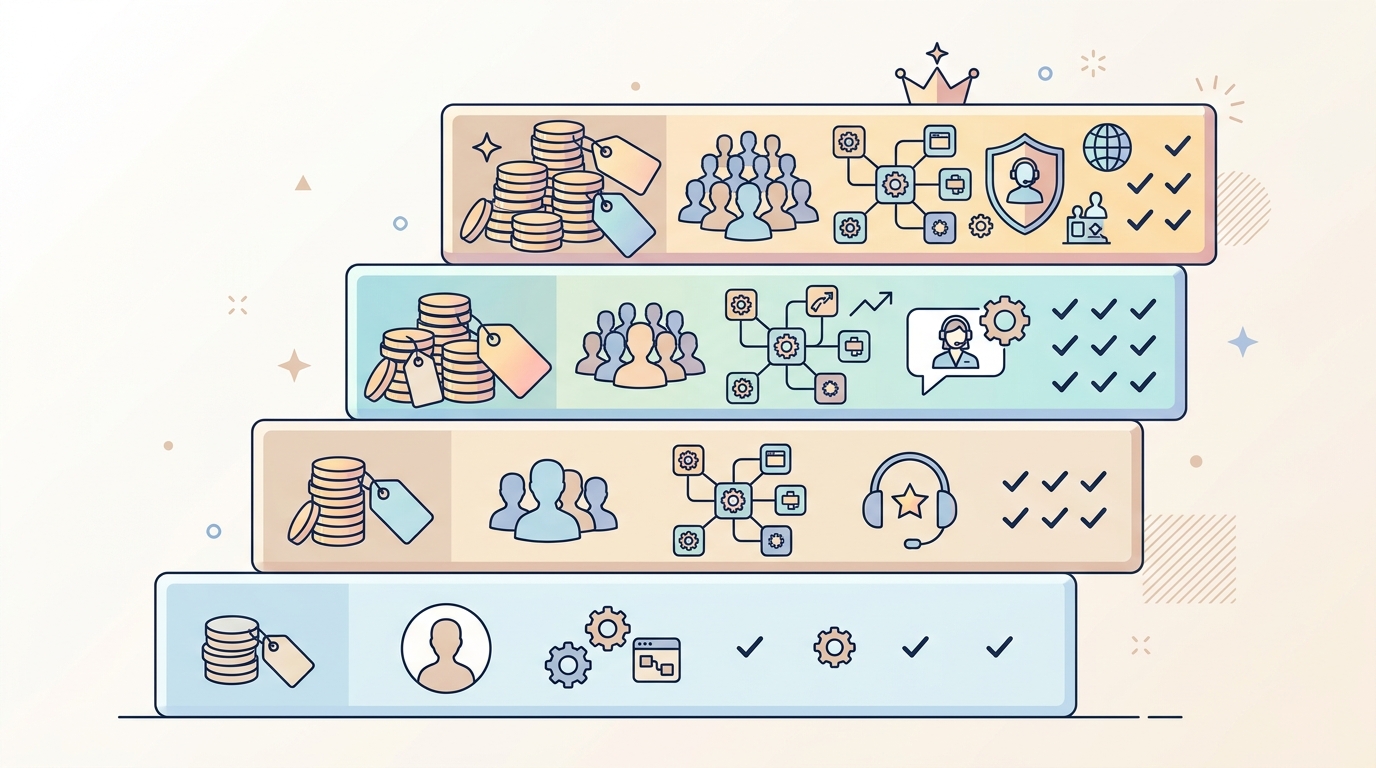Tiered licensing structure for Copilot Dynamics 365 Finance with different access levels and features.