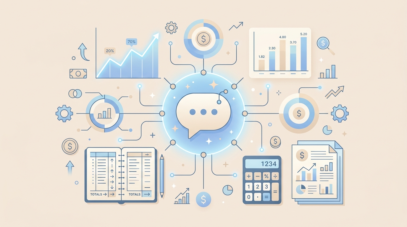 Financial control panel with AI assistant interface Copilot for Dynamics 365 Finance, accounting iconography and elements