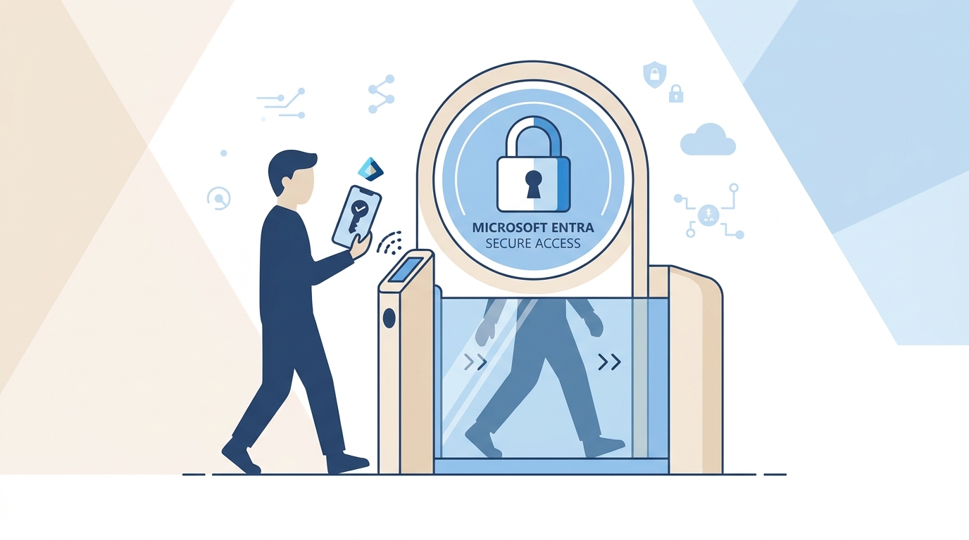 Figura de usuario con llave digital atravesando un control de acceso representado como puerta de seguridad con autenticación