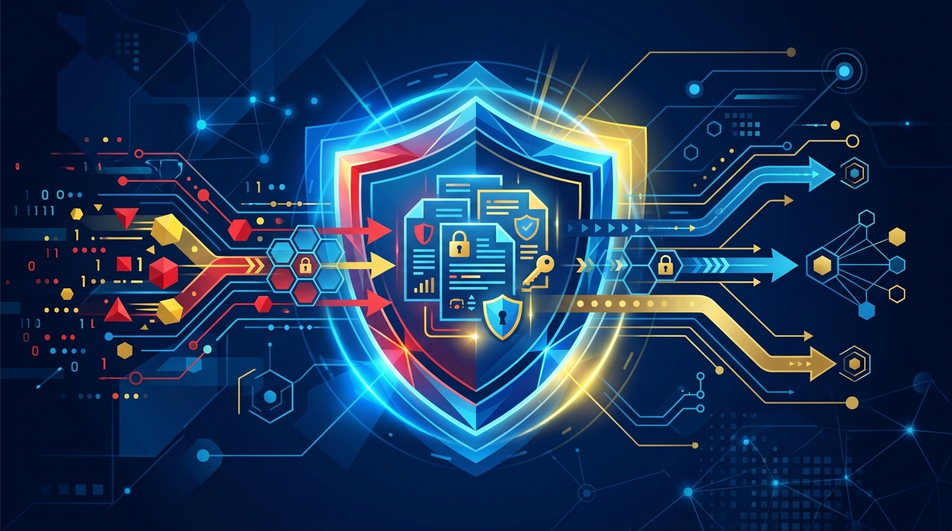 Digital shield protecting documents and data flows with security layers in dark blue, red, and yellow.