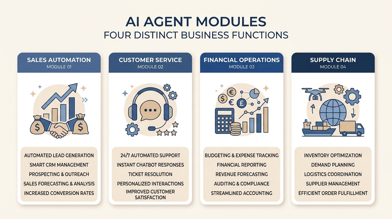 Four Dynamics 365 AI agent modules organized in cards with icons for sales, service, finance, and supply chain.