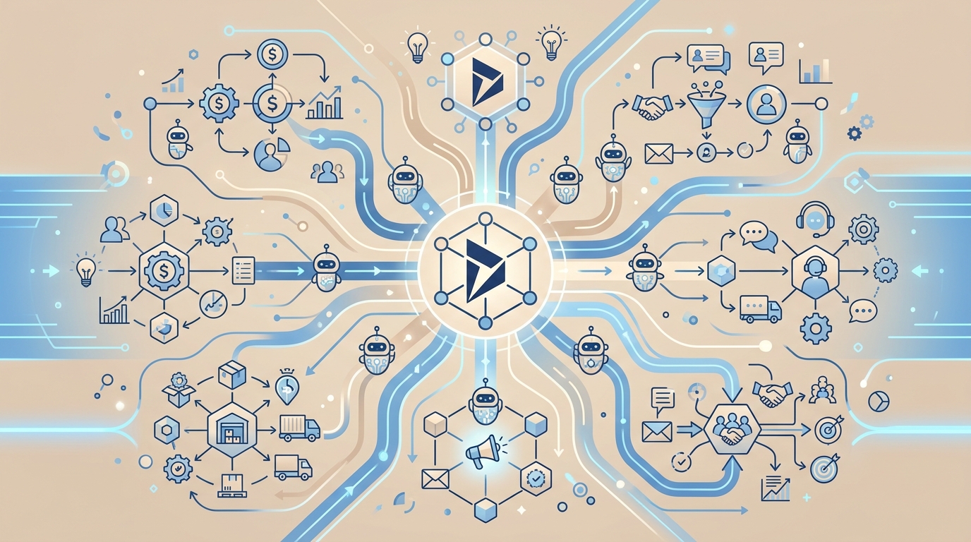 Dynamics 365 AI agents connected in a network with business automation modules in beige and pastel blue tones.