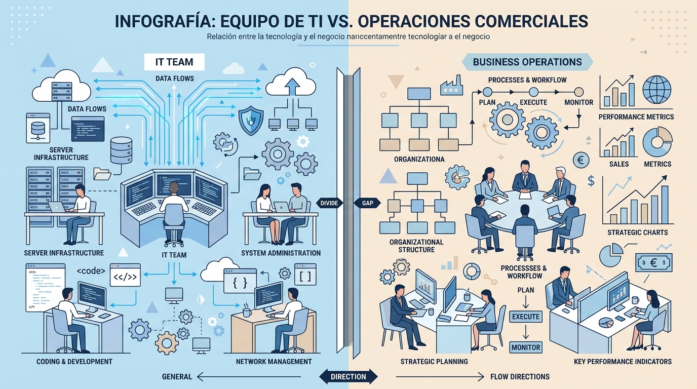 División visual entre enfoque técnico de TI y transformación empresarial, mostrando la desalineación en la implementación