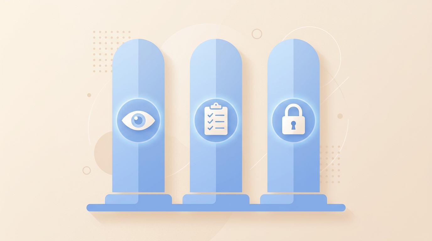 Tres pilares técnicos de governance: monitoreo, políticas de uso y seguridad IA empresarial en estructura vertical.
