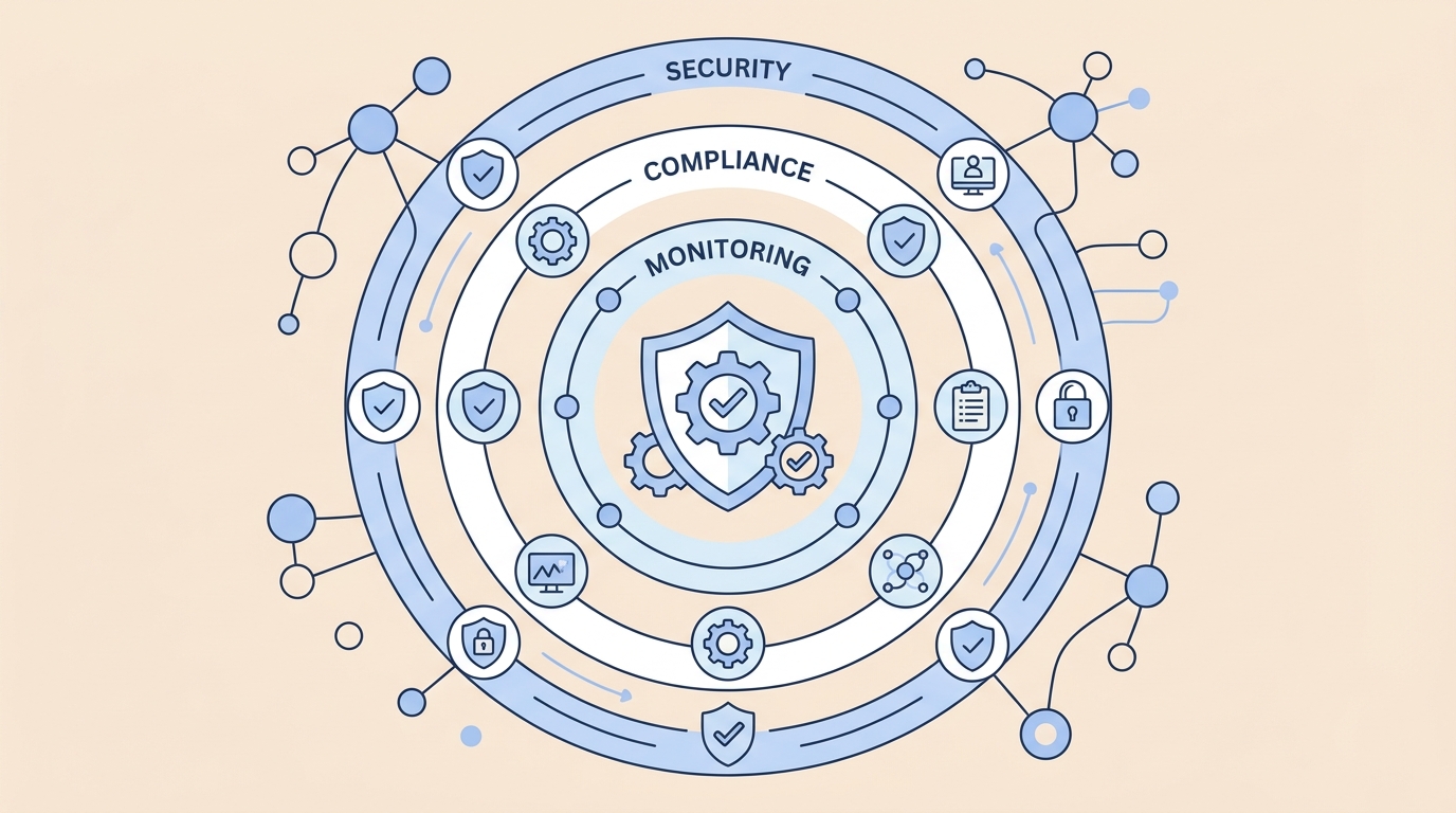 Escudo de governance con capas concéntricas de control, monitoreo y seguridad en tonos pastel azul y beige.