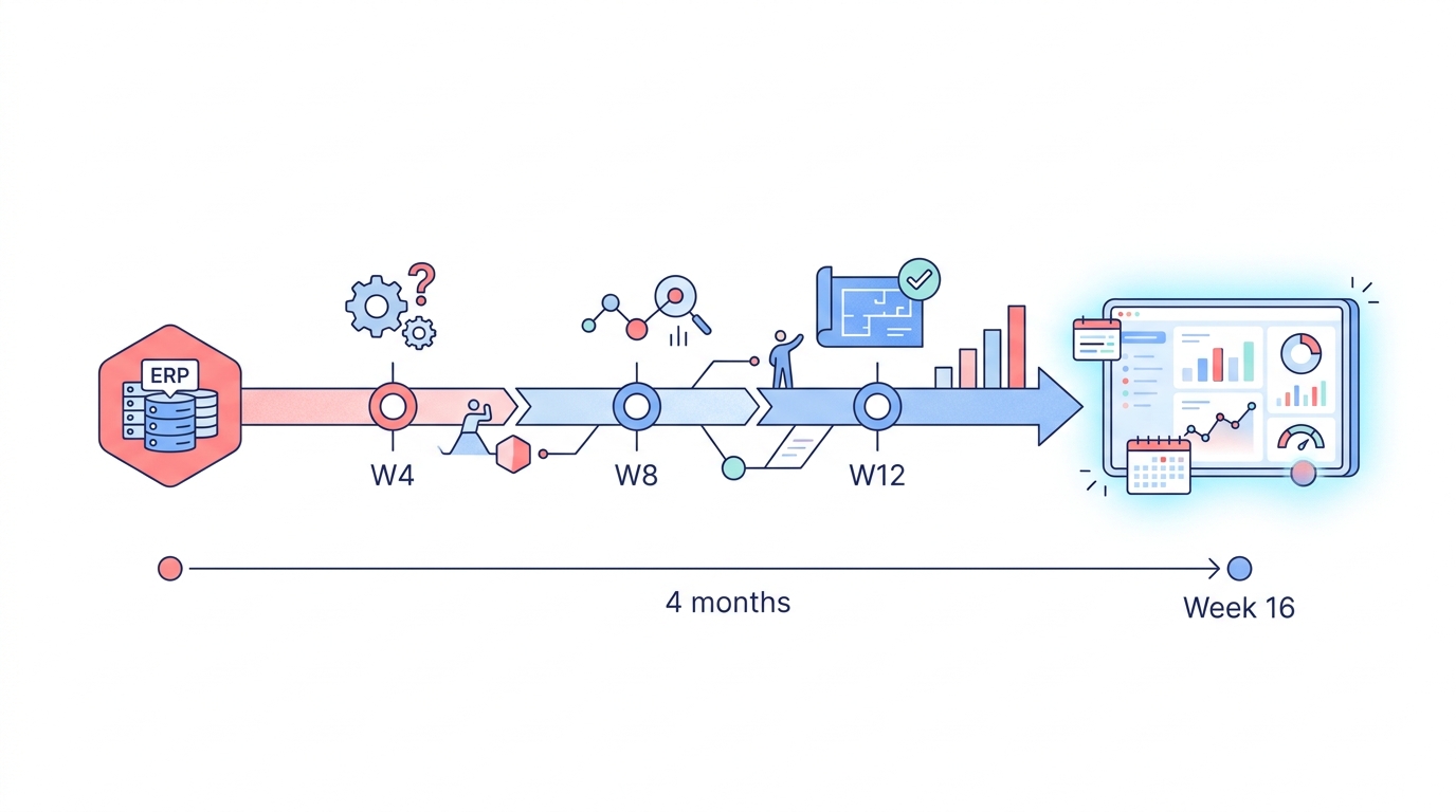 Línea de tiempo de 4 meses con hitos de implementación rápida Dynamics 365, mostrando progresión hacia el go-live.