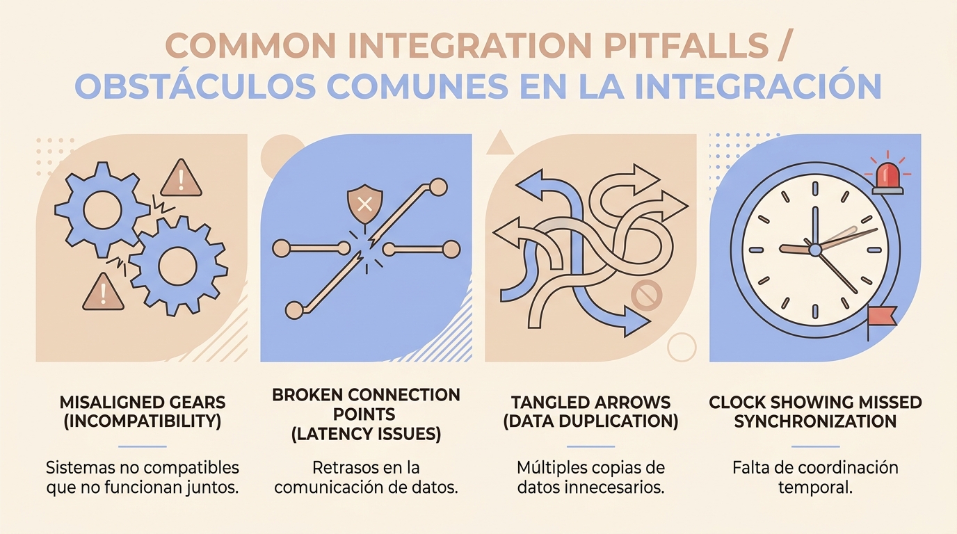 Typical integration errors: system misalignment, synchronization latency, data duplication, and lack of
