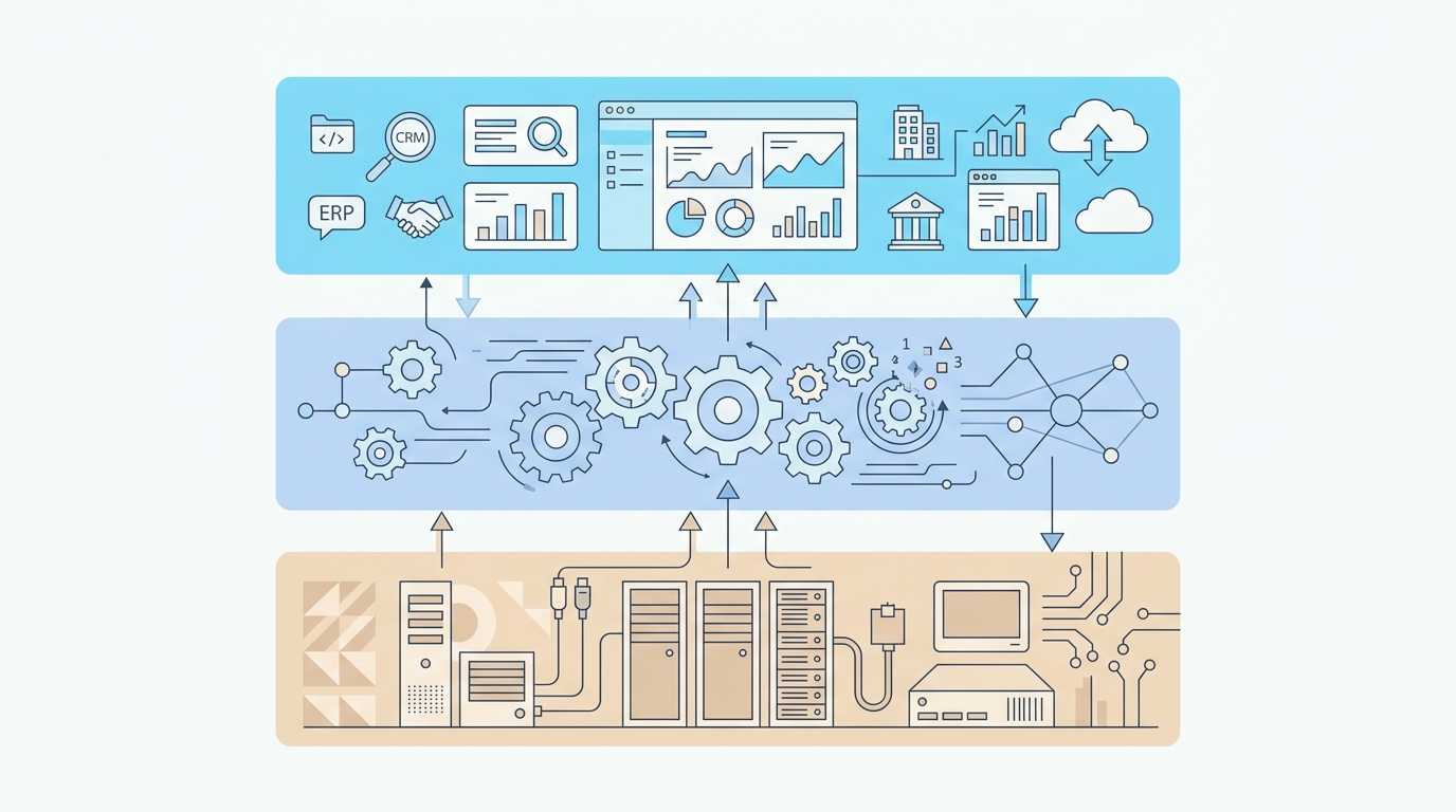 Middleware architecture with three layers: legacy systems, dedicated integration layer, and Dynamics 365, connected by