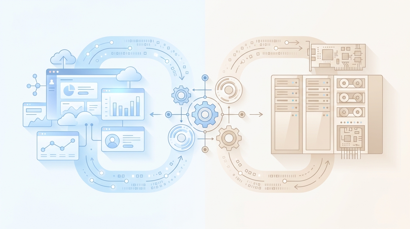 Data integration flow between Dynamics 365 and legacy systems using connectors and layered middleware in color