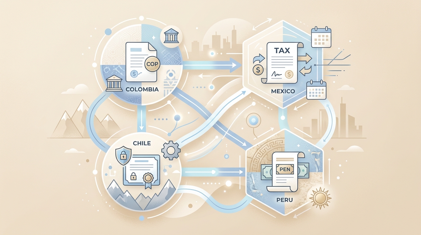 Cuatro nodos conectados en mapa abstracto de LATAM con símbolos fiscales, representando localización Business Central en