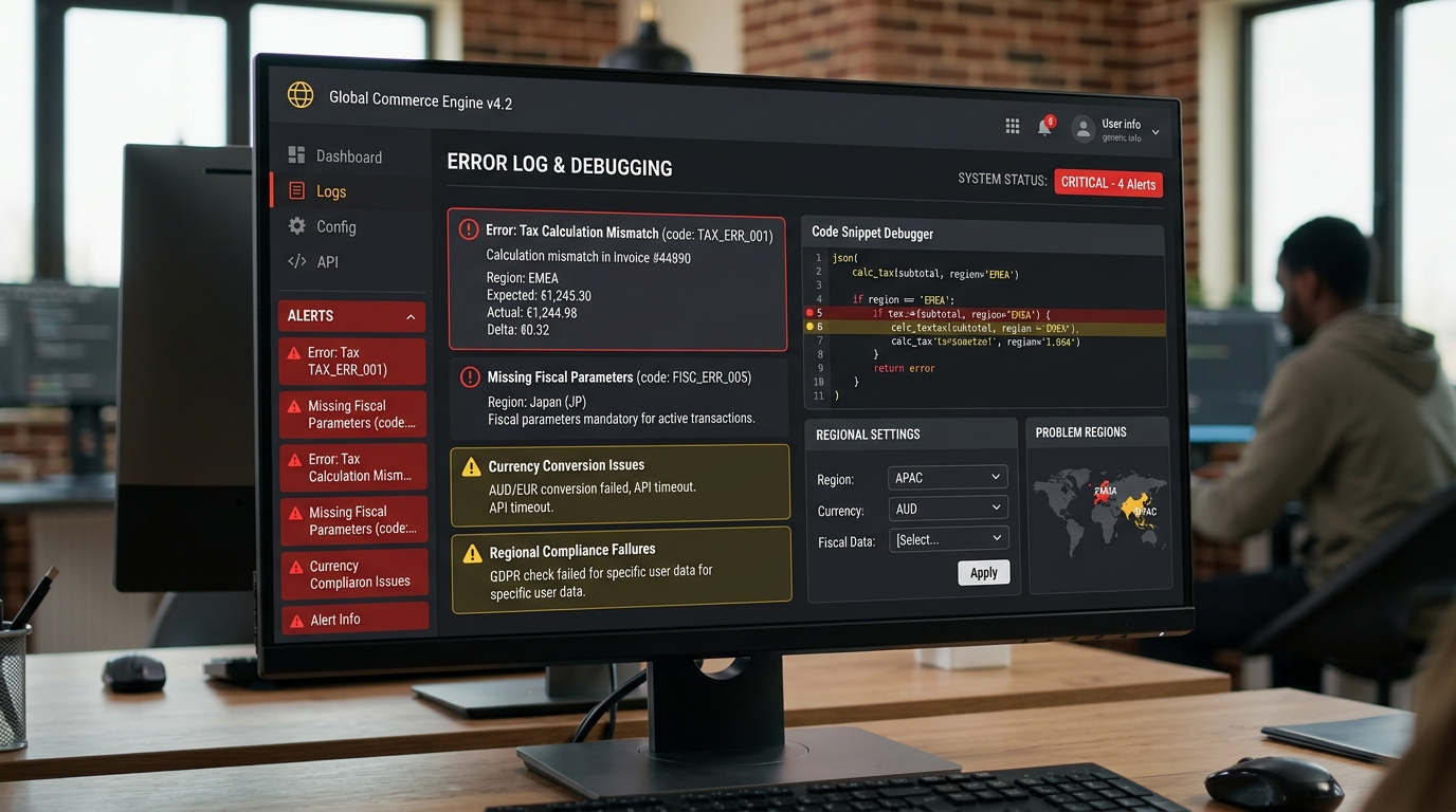 Interface showing common localization errors: tax validation, missing tax parameters, and currency conversion