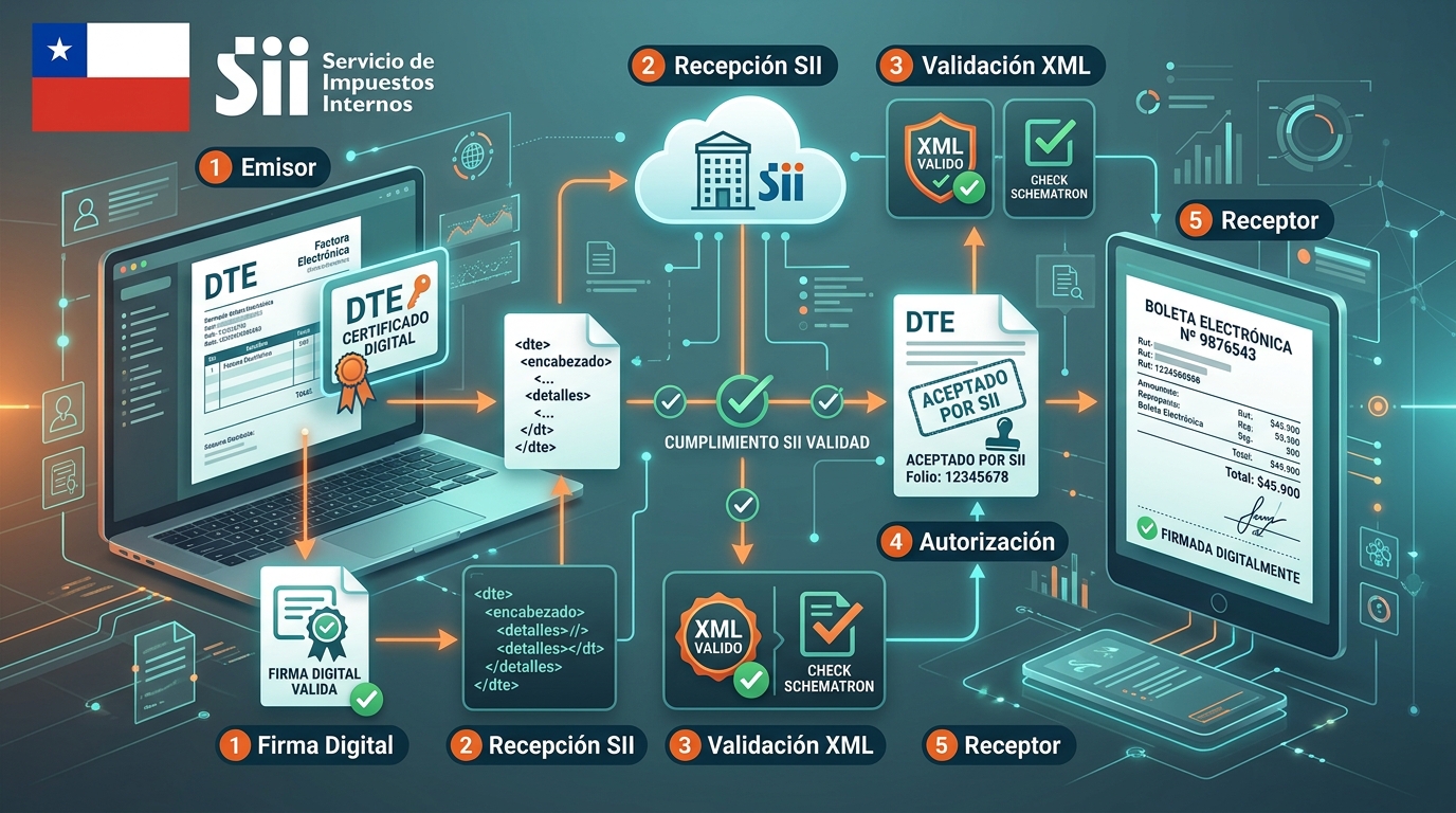 Flow of Chilean electronic tax documents with DTE certificate, electronic receipt, and SII validation