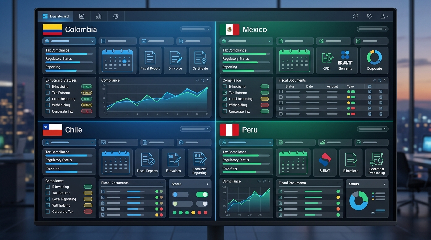 Control panel with regulatory frameworks for Business Central localization in Colombia, Mexico, Chile, and Peru