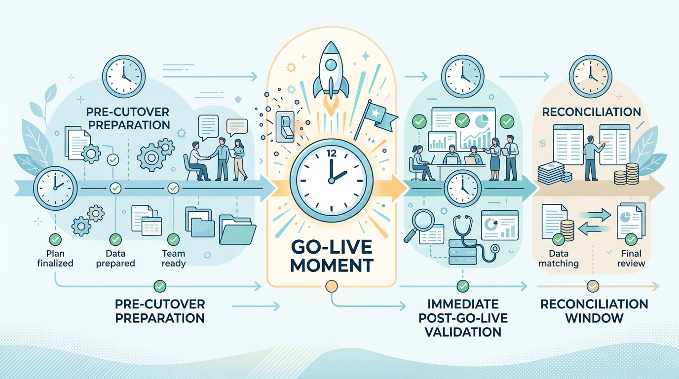 Hour-by-hour cutover protocol: timeline of pre-preparation, go-live, immediate validation and reconciliation in Business Central