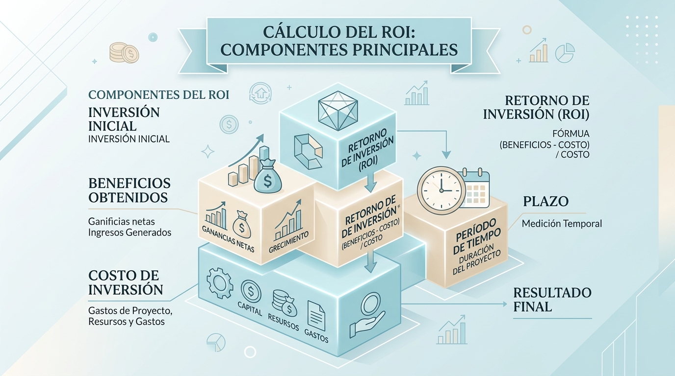 Diagrama de fórmula ROI con componentes de costo, beneficios y período, mostrando cómo medir el retorno de inversión en
