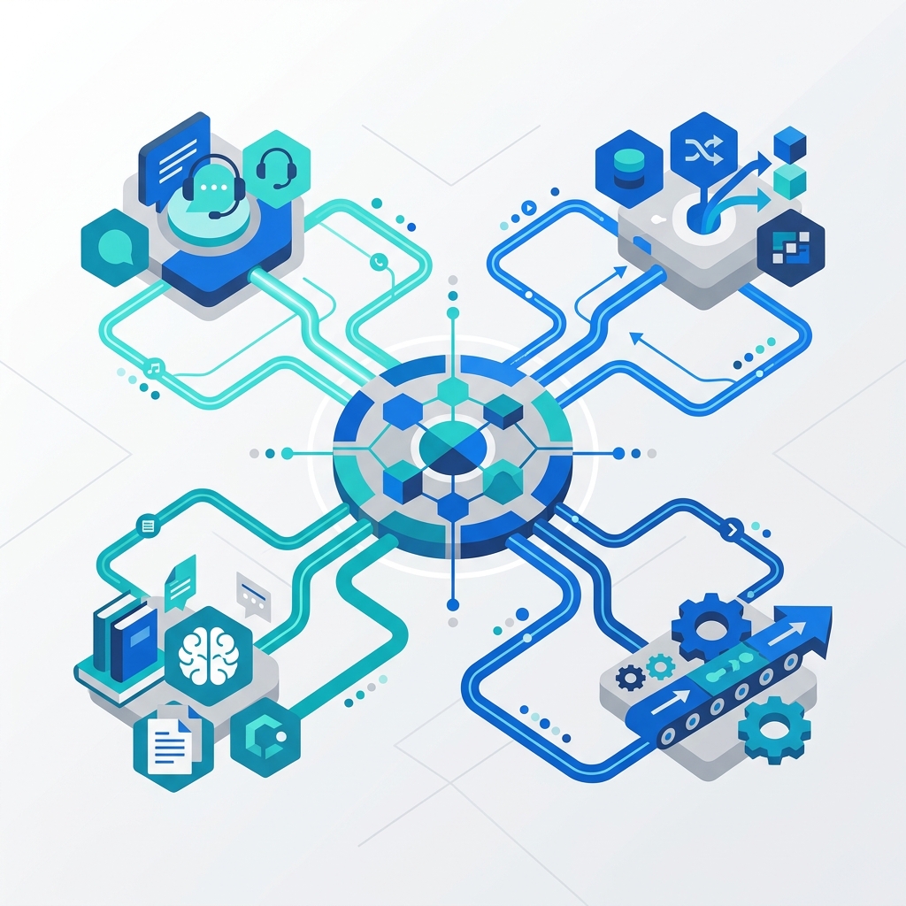 Red de procesos interconectados con nodo central conectado a soporte, integración de datos, automatización y gestión del c...