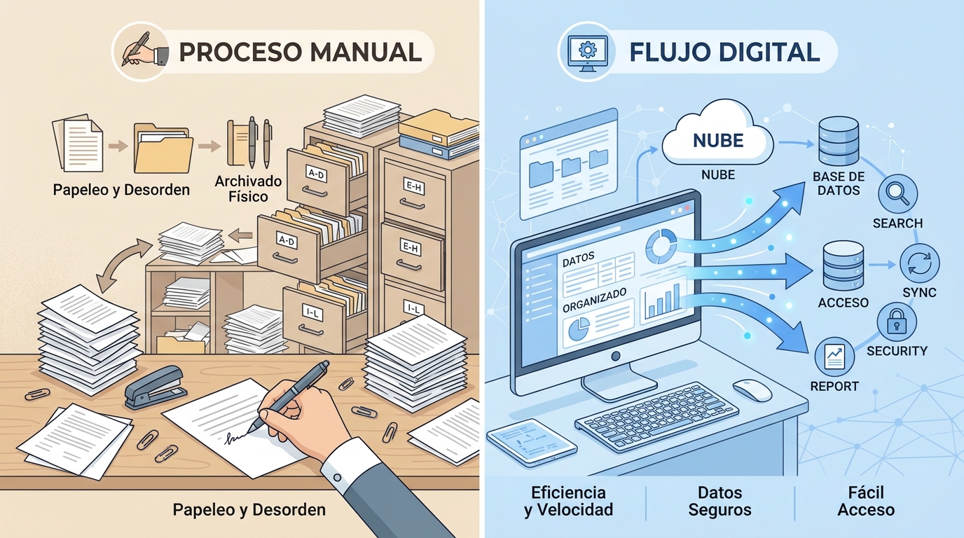 Comparación visual entre proceso manual con papeles y archivos versus digitalización con flujos automatizados en pantalla,