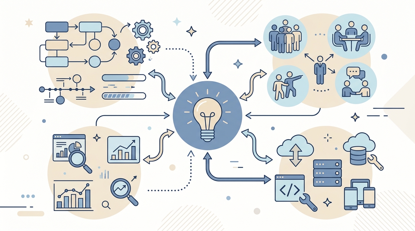 Diagrama de transformación digital empresarial con necesidades de negocio en el centro conectadas a procesos, equipos y